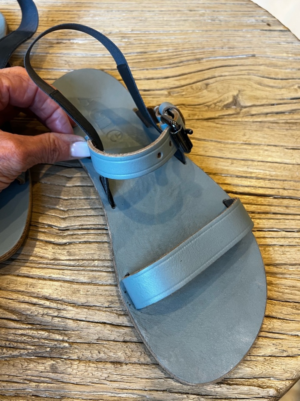 ACNE Studios Seafoam Leather Slide Sandals with Metallic Pewter back strap